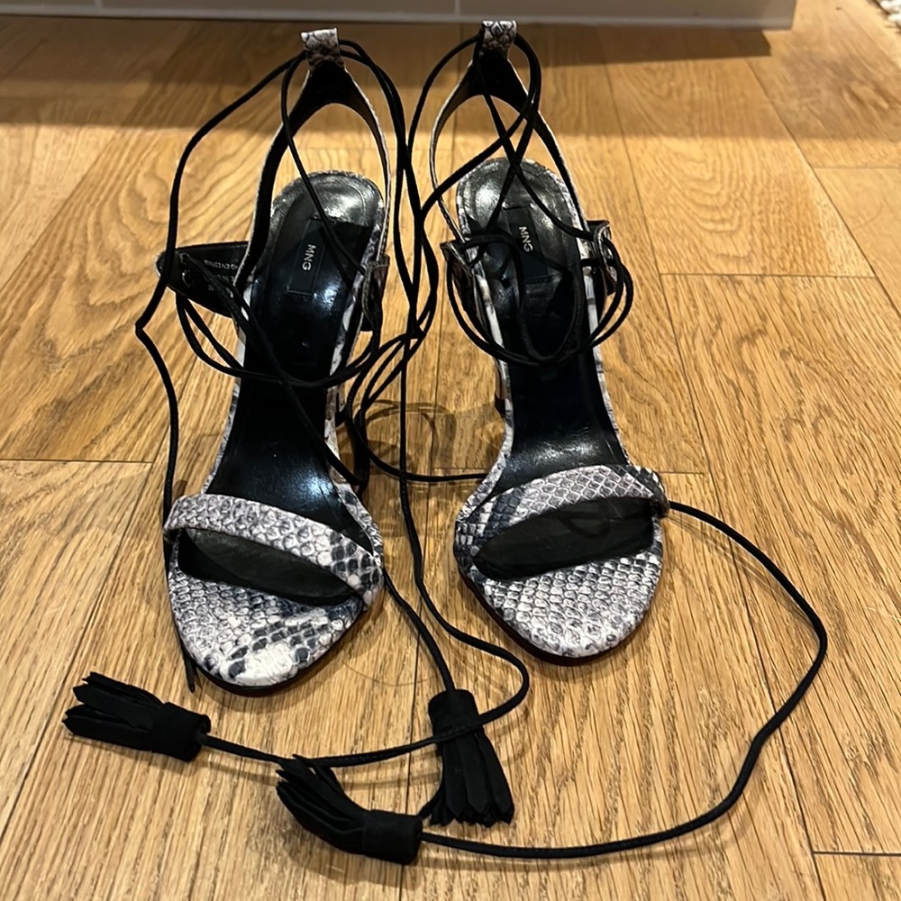 Mango Snakeskin Lace-Up Heels